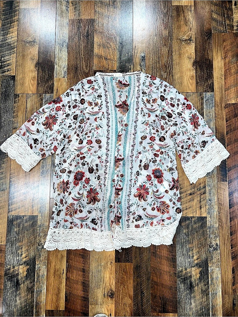 MASON & BELLE Laria Crochet Trim Kimono Floral Tunic White & Red 2X